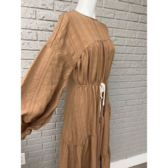 Shein Women Tan Asymmetrical Tiered Balloon Sleeve Maxi Dress Size 2 - Picture 3 of 9